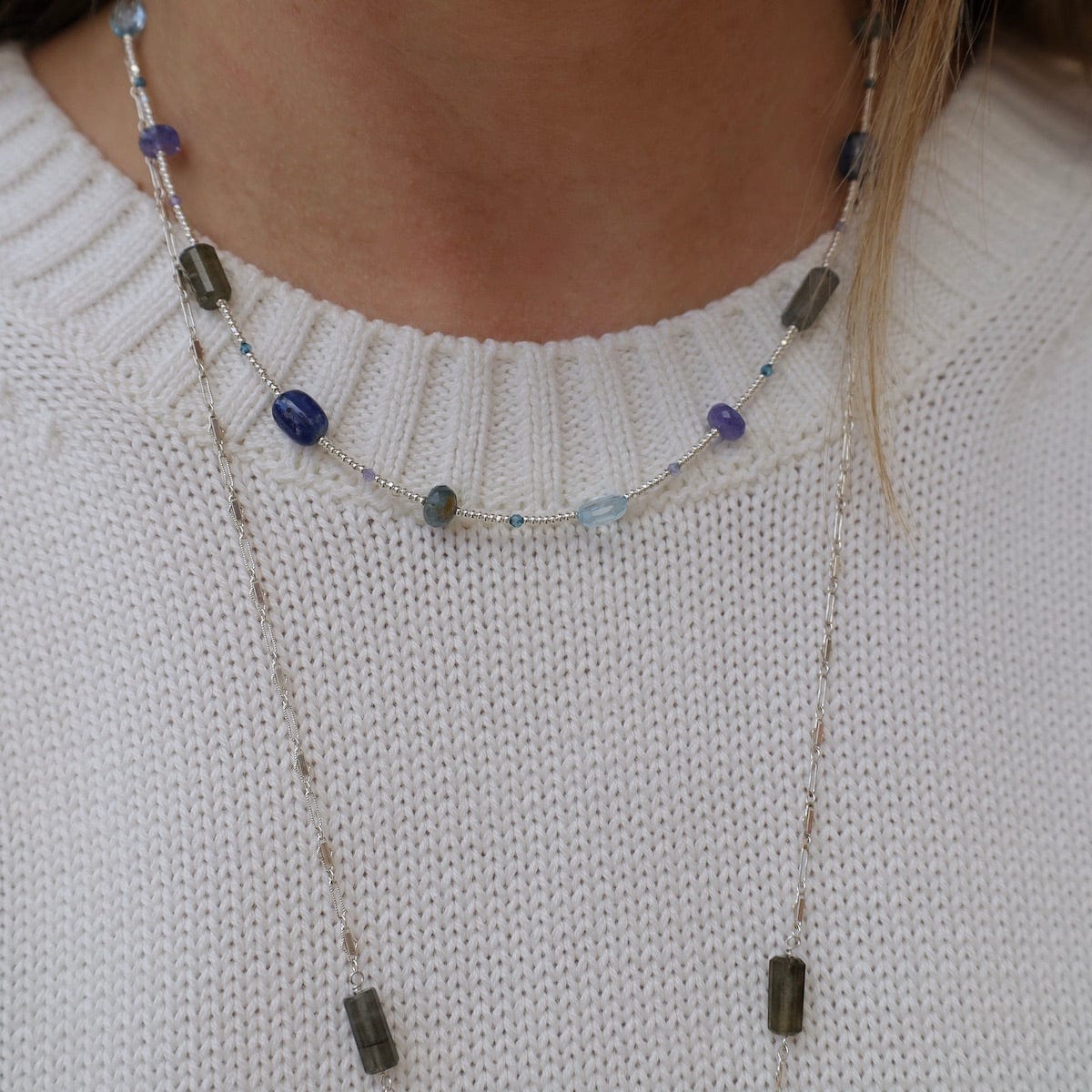 NKL Silver Glass, Labradorite, Kyanite Necklace