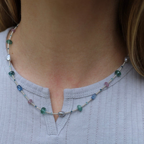 NKL Silver Glass Necklace with Kyanite, Quartz, Pearl, Sapphire, Grandidierite, & Apatite