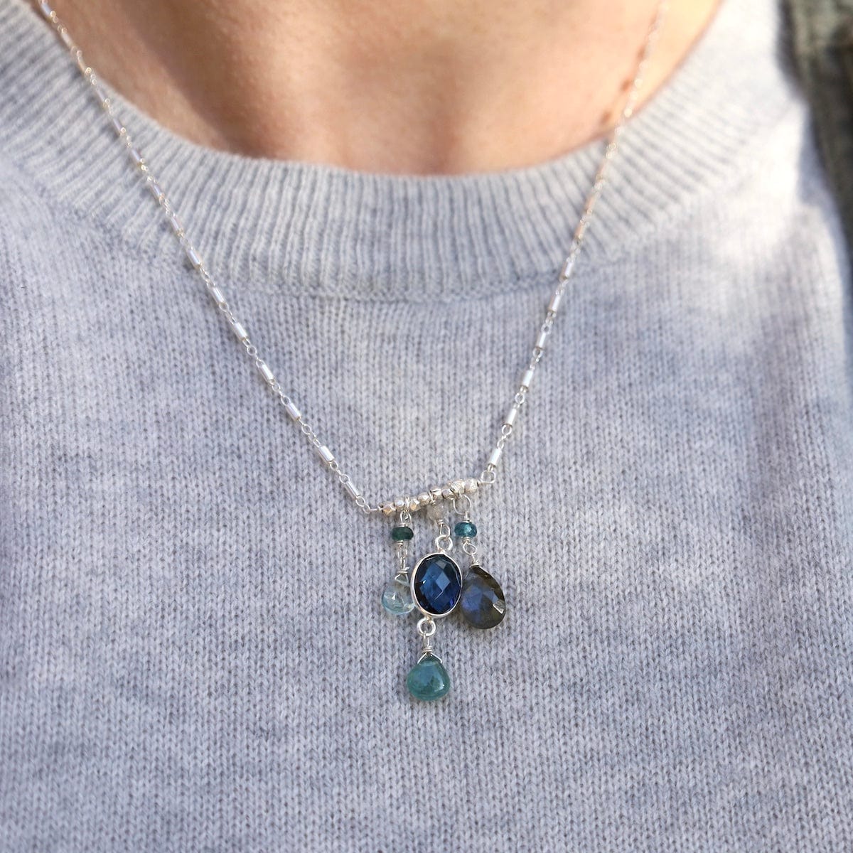 NKL Silver Oval Bezel Blue Quartz Bar Necklace