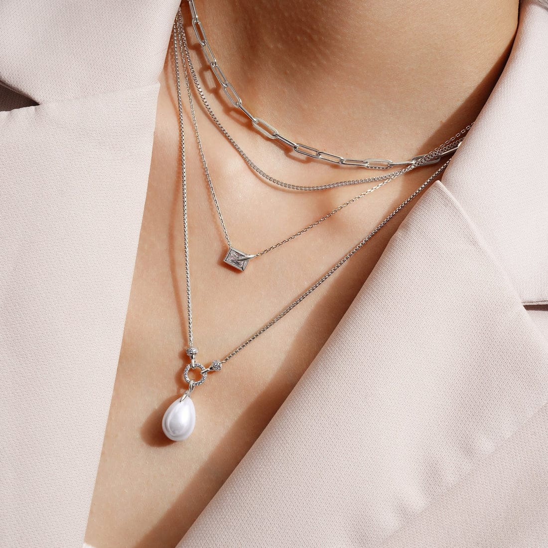 NKL Silver Sparkling Bezel Set Cube Necklace