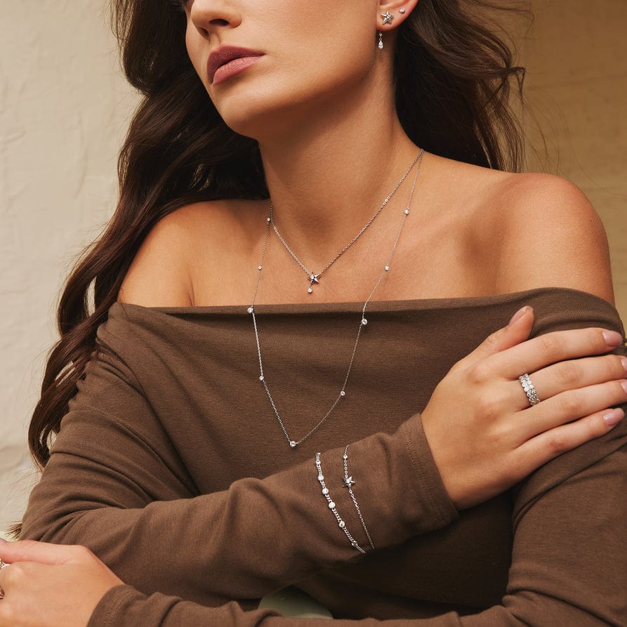 NKL Silver Sparkling Star Drop Necklace