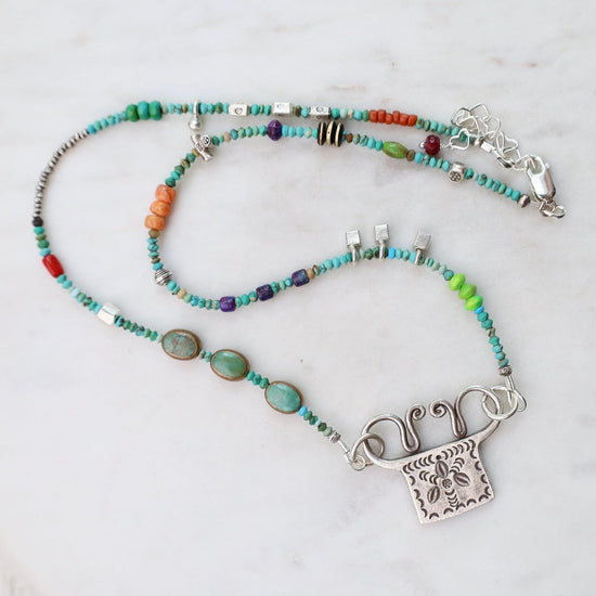 Load image into Gallery viewer, 1128 NKL Silver Turquoise Trilogy with Windmill Spirit Lock Necklace
