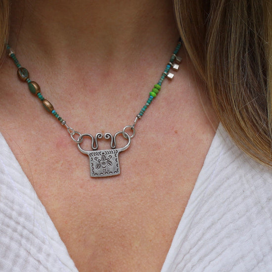 Load image into Gallery viewer, NKL Silver Turquoise Trilogy with Windmill Spirit Lock Necklace
