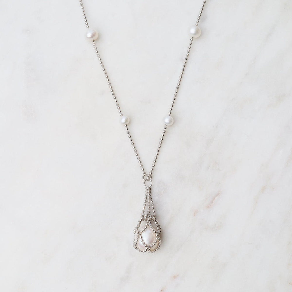 NKL Simple Pearl Stations with Captured White Pearl Necklace