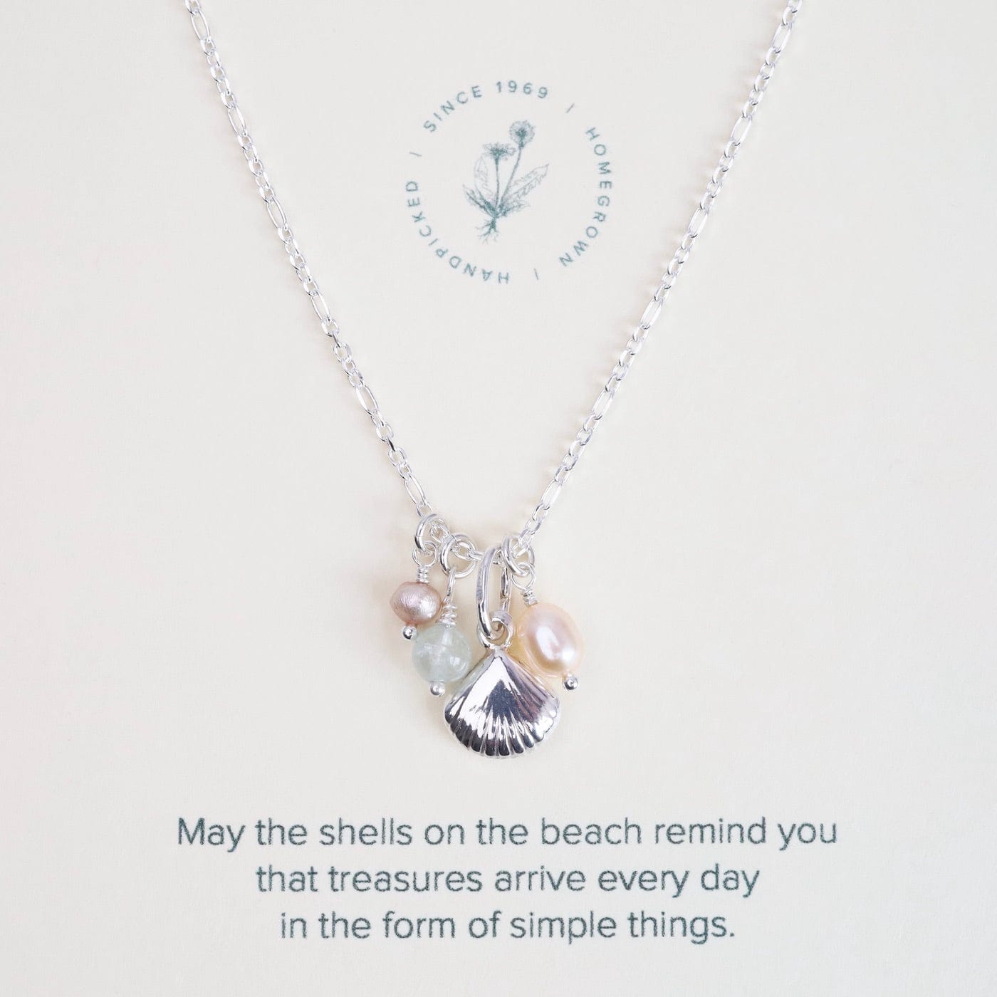 NKL Simple Treasures Charm Necklace with Shell, Pearls, & Aqua