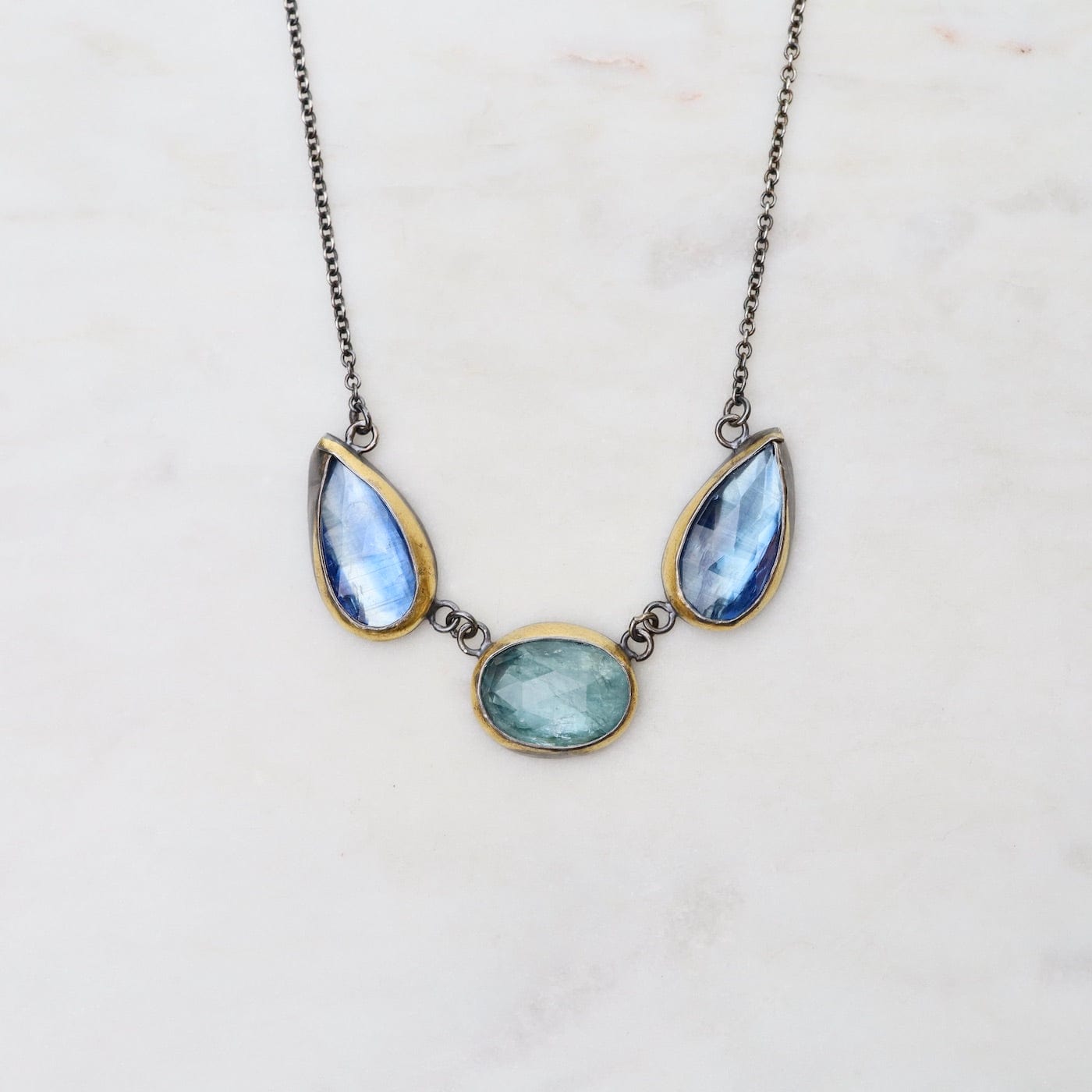 Load image into Gallery viewer, NKL Sky Blue Kyanite 3 Stone Teardrop &amp;amp; Oval Crescent Rim Necklace
