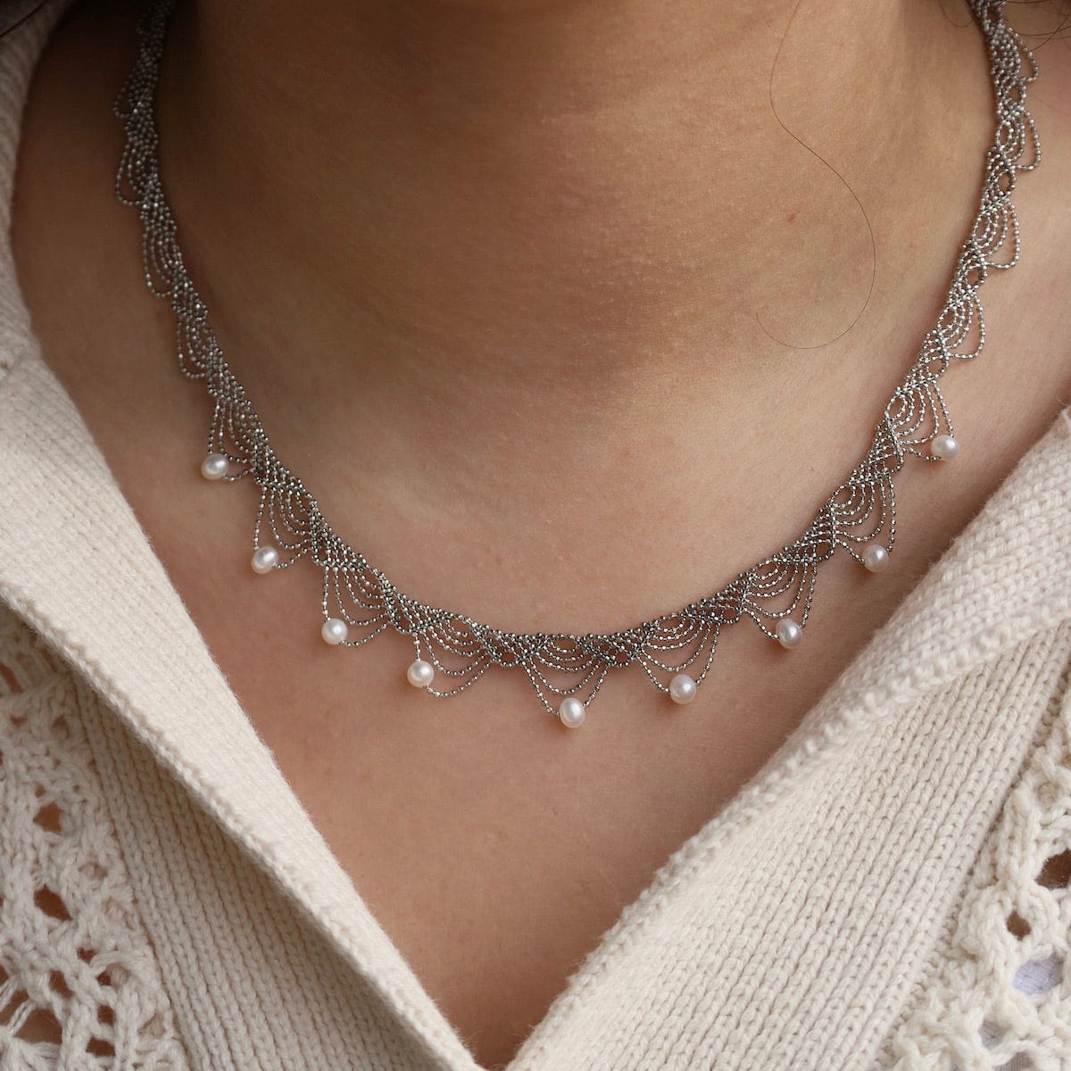 NKL Small Lace Drape with White Pearls Necklace