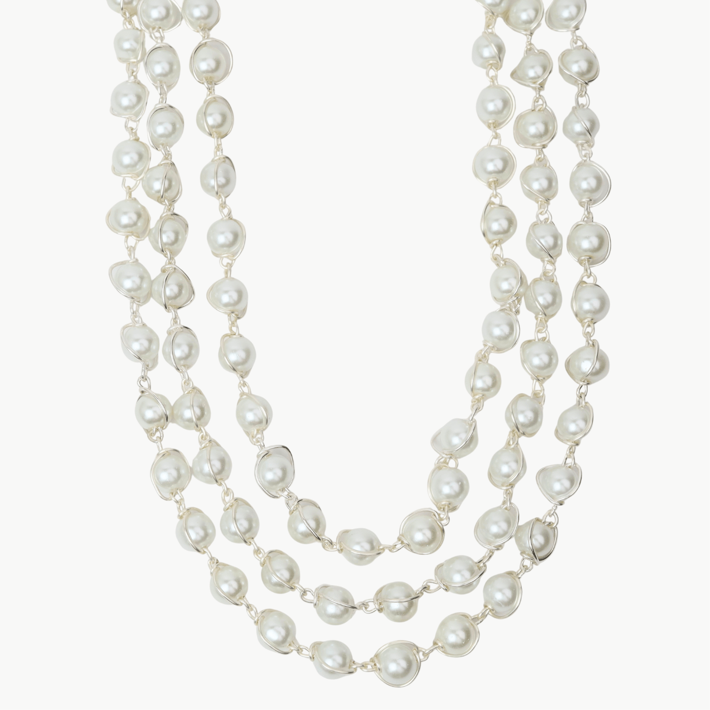 NKL-SPL 8mm Glass White Pearl 3-Row Necklace - Silver Plat