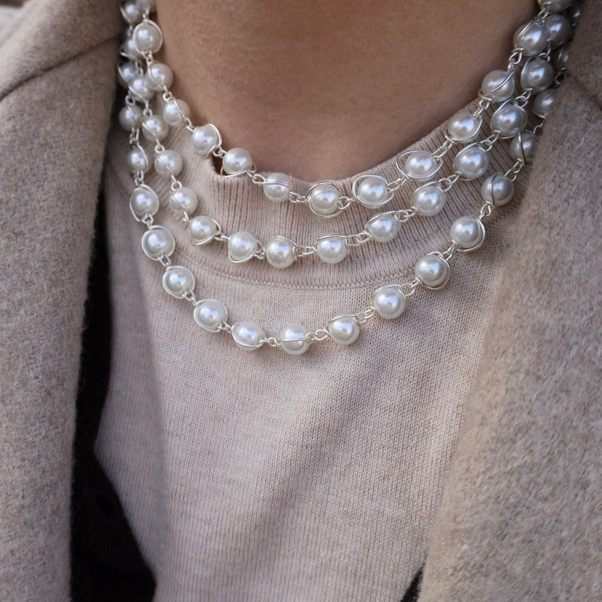 NKL-SPL 8mm Glass White Pearl 3-Row Necklace - Silver Plat