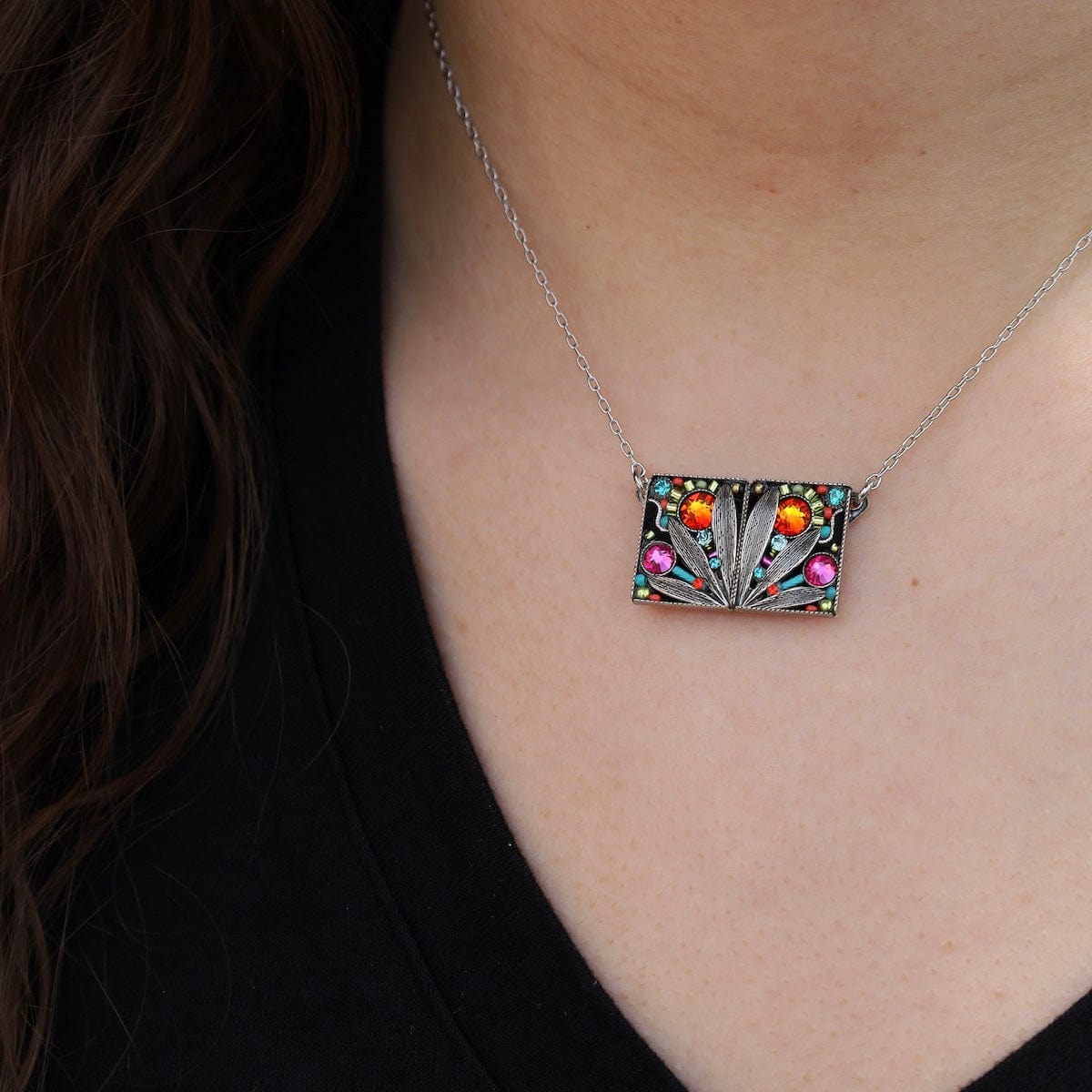 NKL-SPL Multicolor Botanical Square Leaf Pendant Necklace