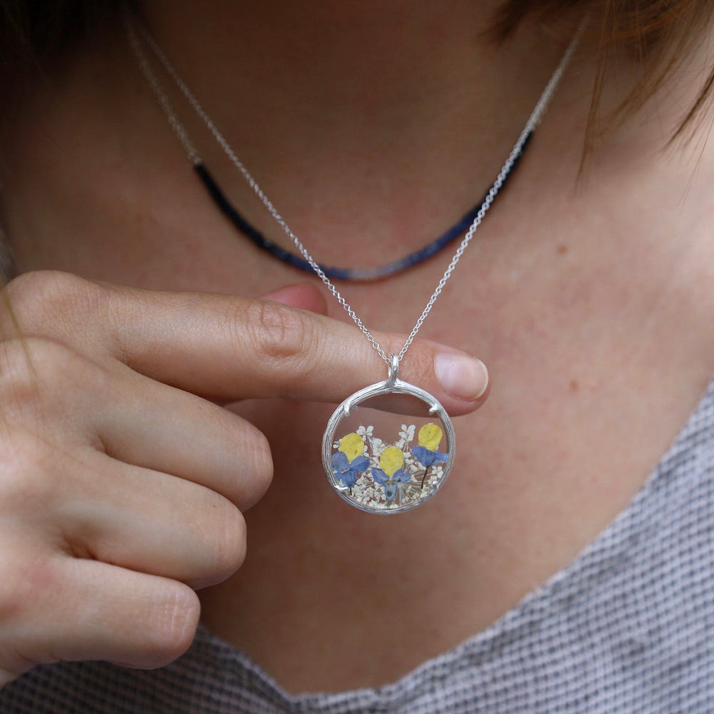 NKL Spring Blossoms Large Glass Botanical Necklace - Sterling Silver