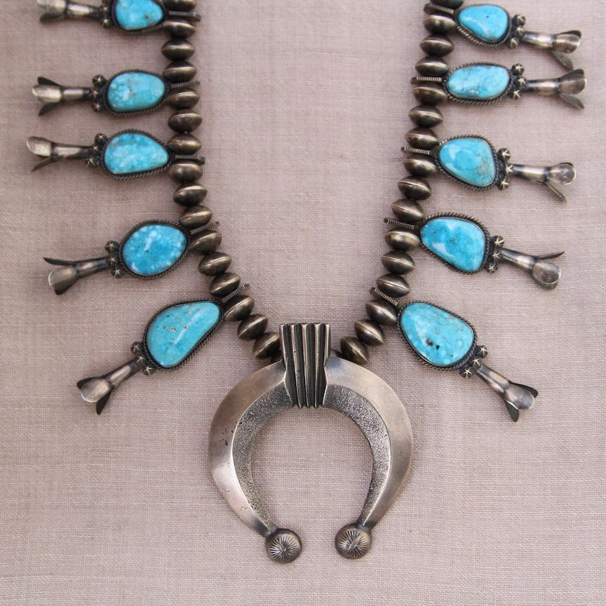Navajo Turquoise Silver Squash Blossom Necklace Set | Yellowstone Spir -  Objects of Beauty