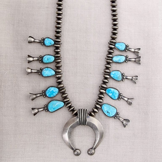 Vintage Navajo Sterling & Blue Gem Turquoise Squash Blossom Necklace b –  Two Ponies Trading