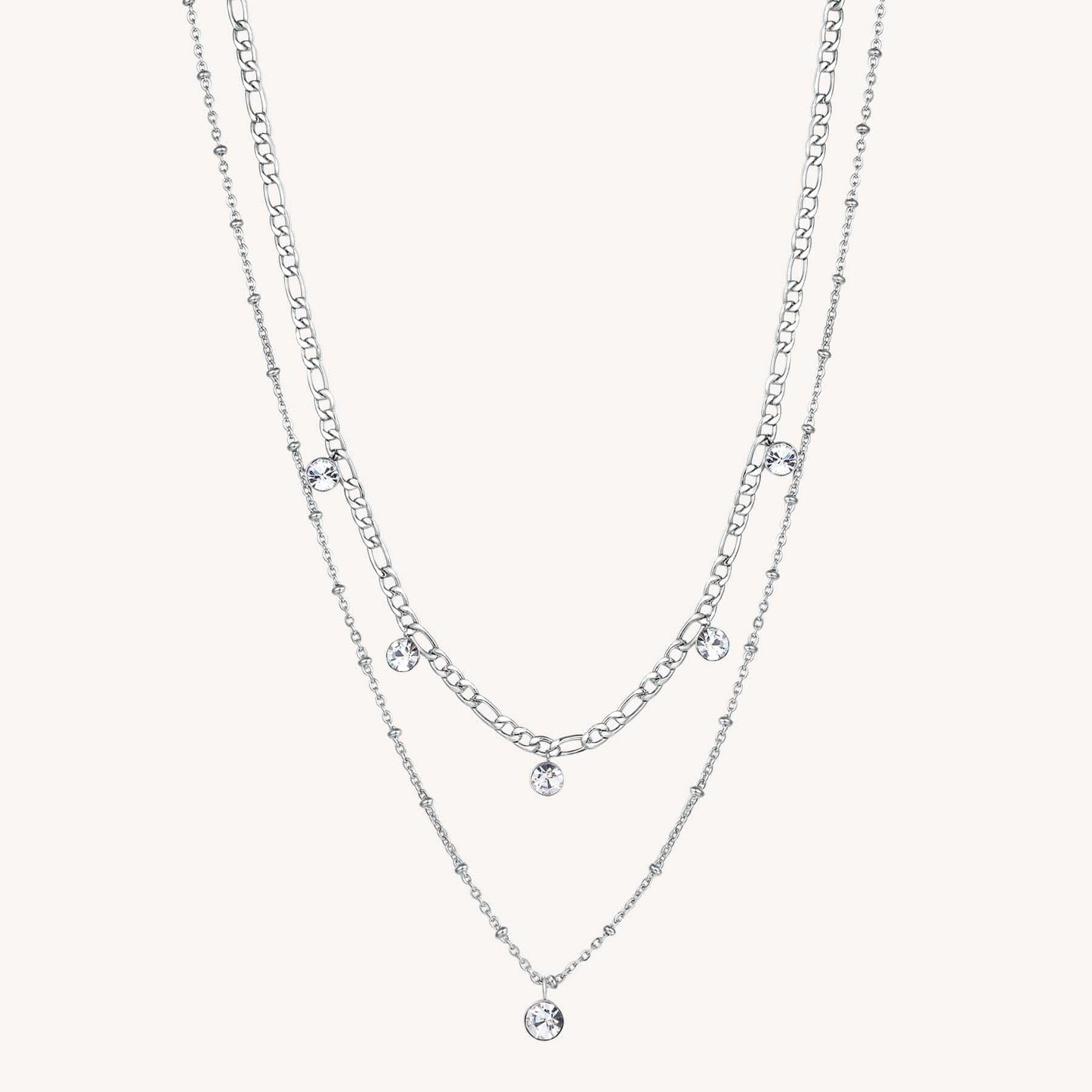 NKL-SS Stainless Steel Double Chain Necklace with Clear Crystals