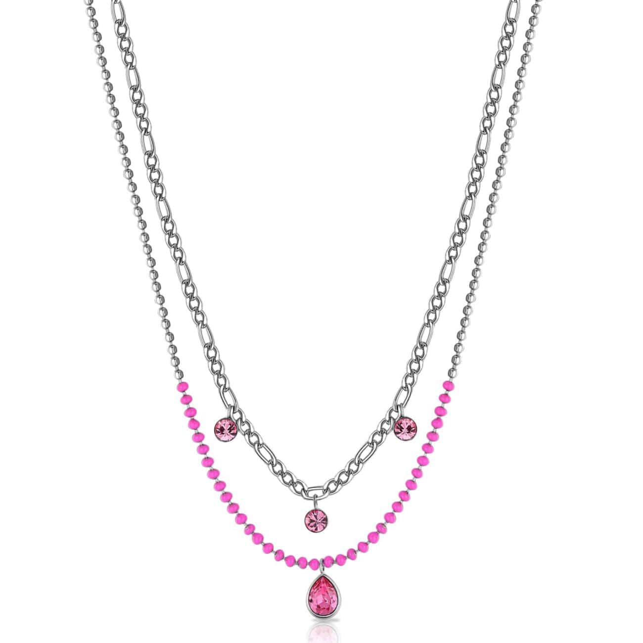 NKL-SS Stainless Steel Double Necklace with Fuchsia Ename