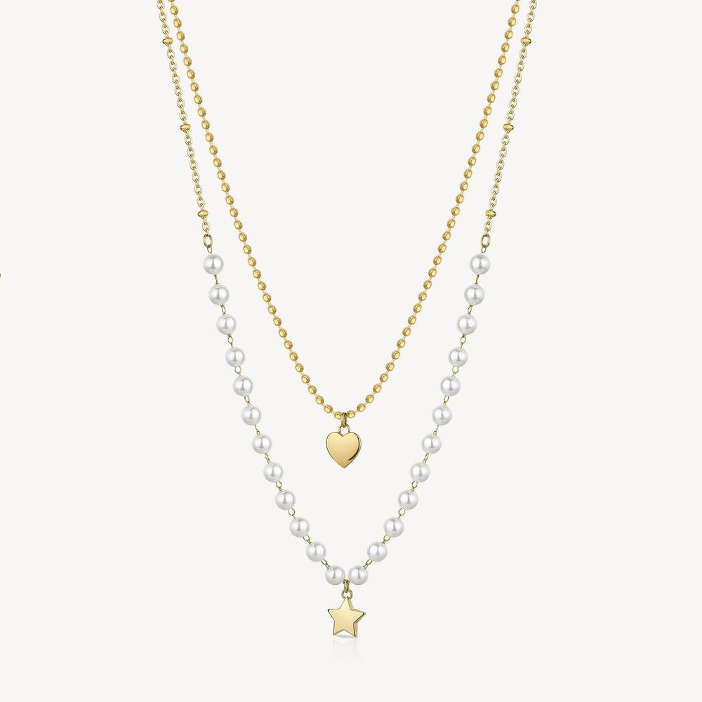 
                      
                        NKL-SS Stainless Steel Gold Tone Double Heart & Star Necklace with Shell-Pearls
                      
                    