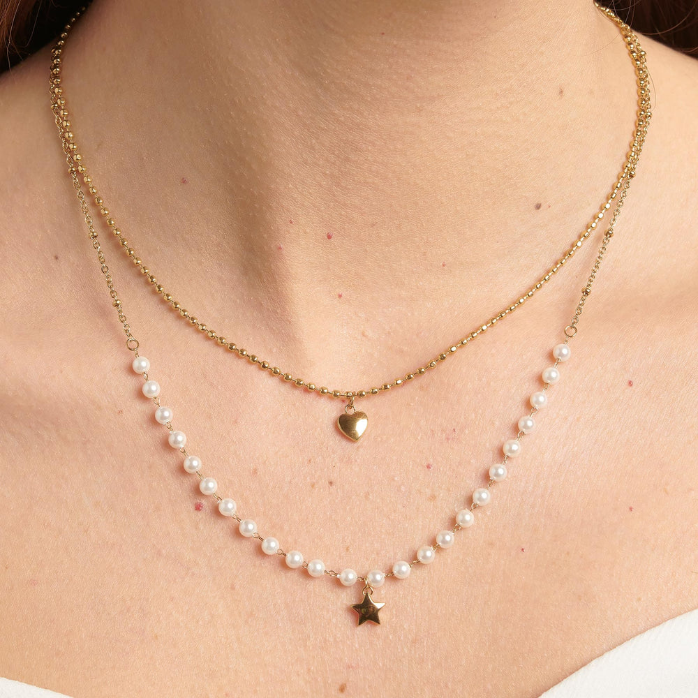 NKL-SS Stainless Steel Gold Tone Double Heart & Star Necklace with Shell-Pearls