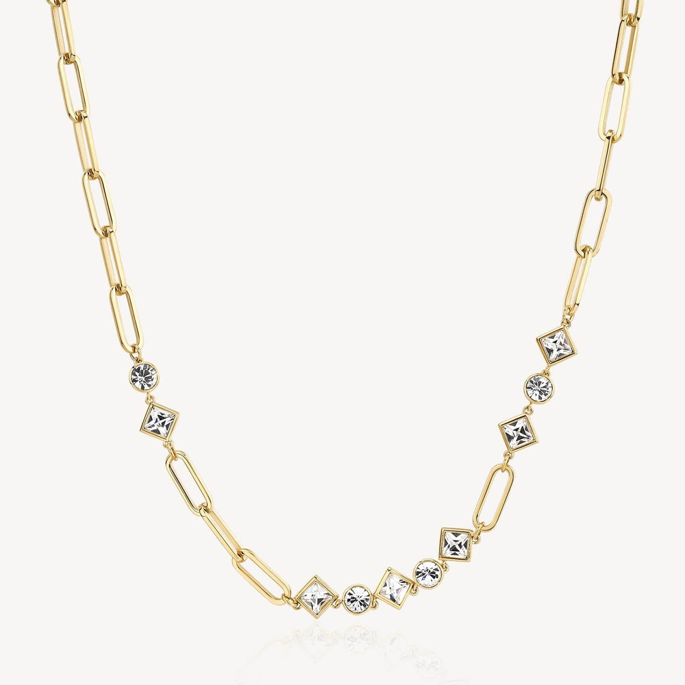 
                      
                        NKL-SS Stainless Steel Gold Tone Oval Link Chain with Asymmetrical Crystal Stations Necklace
                      
                    