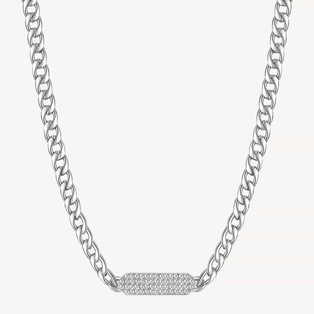 NKL-SS Stainless Steel Heavy Curb Chain Necklace with Bar of Pave Clear Crystals