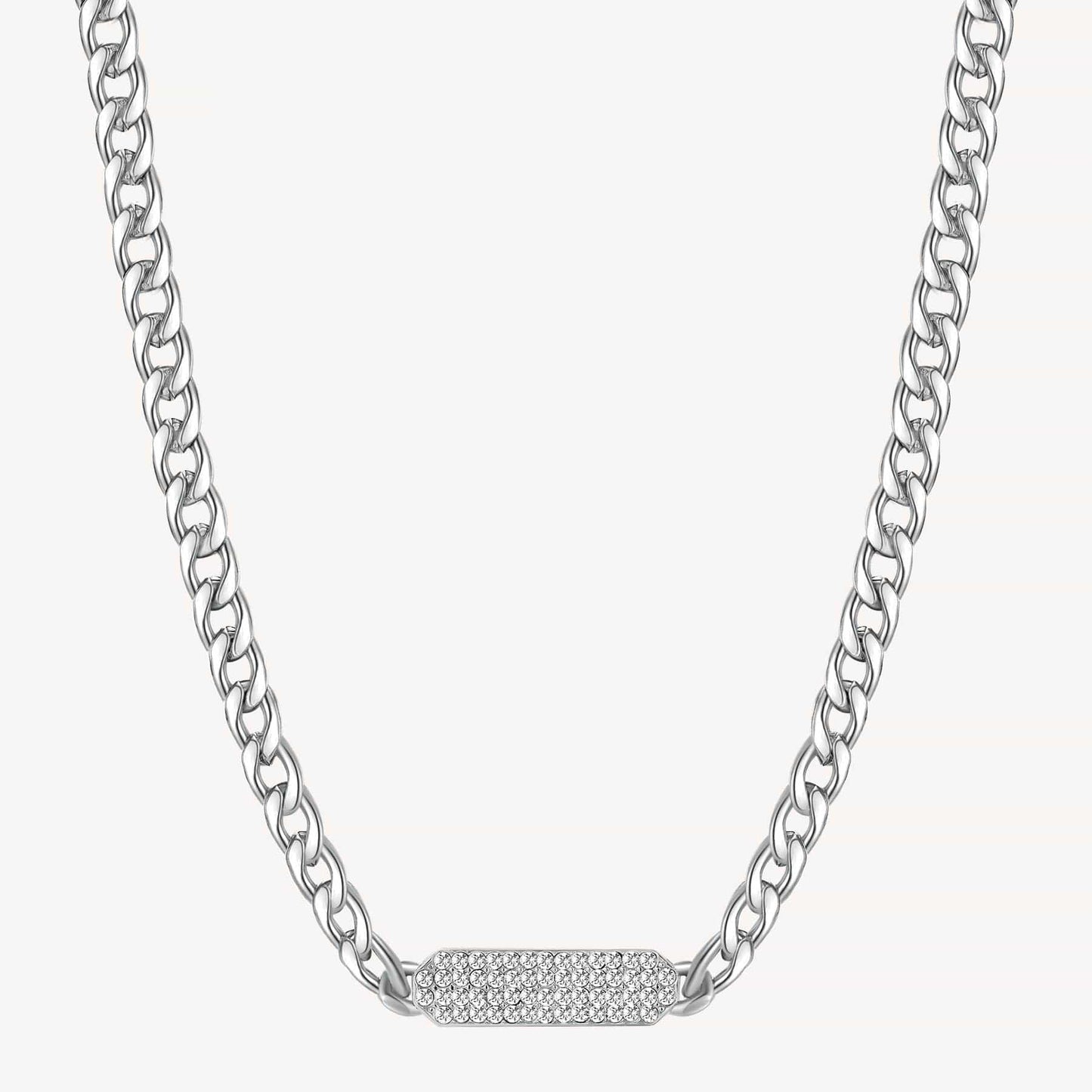 NKL-SS Stainless Steel Heavy Curb Chain Necklace with Bar of Pave Clear Crystals