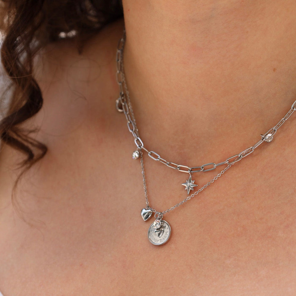 NKL-SS Stainless Steel Link Chain Necklace with Moon, Star & Heart Charms & Crystals