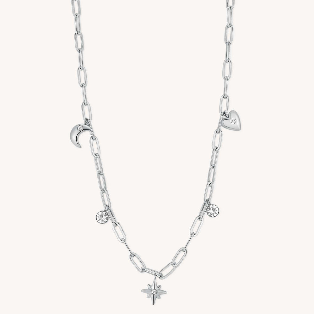 NKL-SS Stainless Steel Link Chain Necklace with Moon, Star & Heart Charms & Crystals