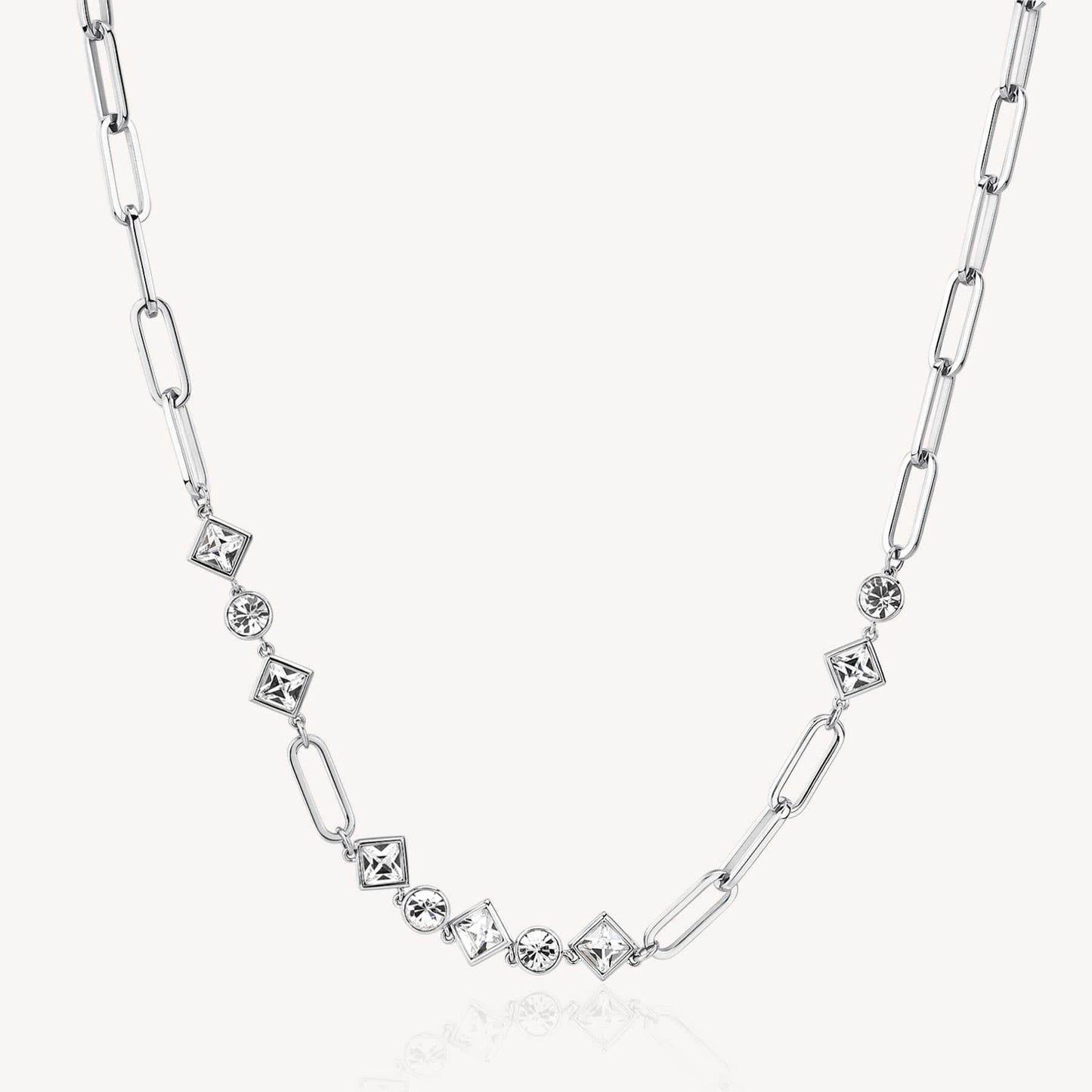 NKL-SS Stainless Steel Oval Link Chain with Asymmetrical Crystal Stations Necklace