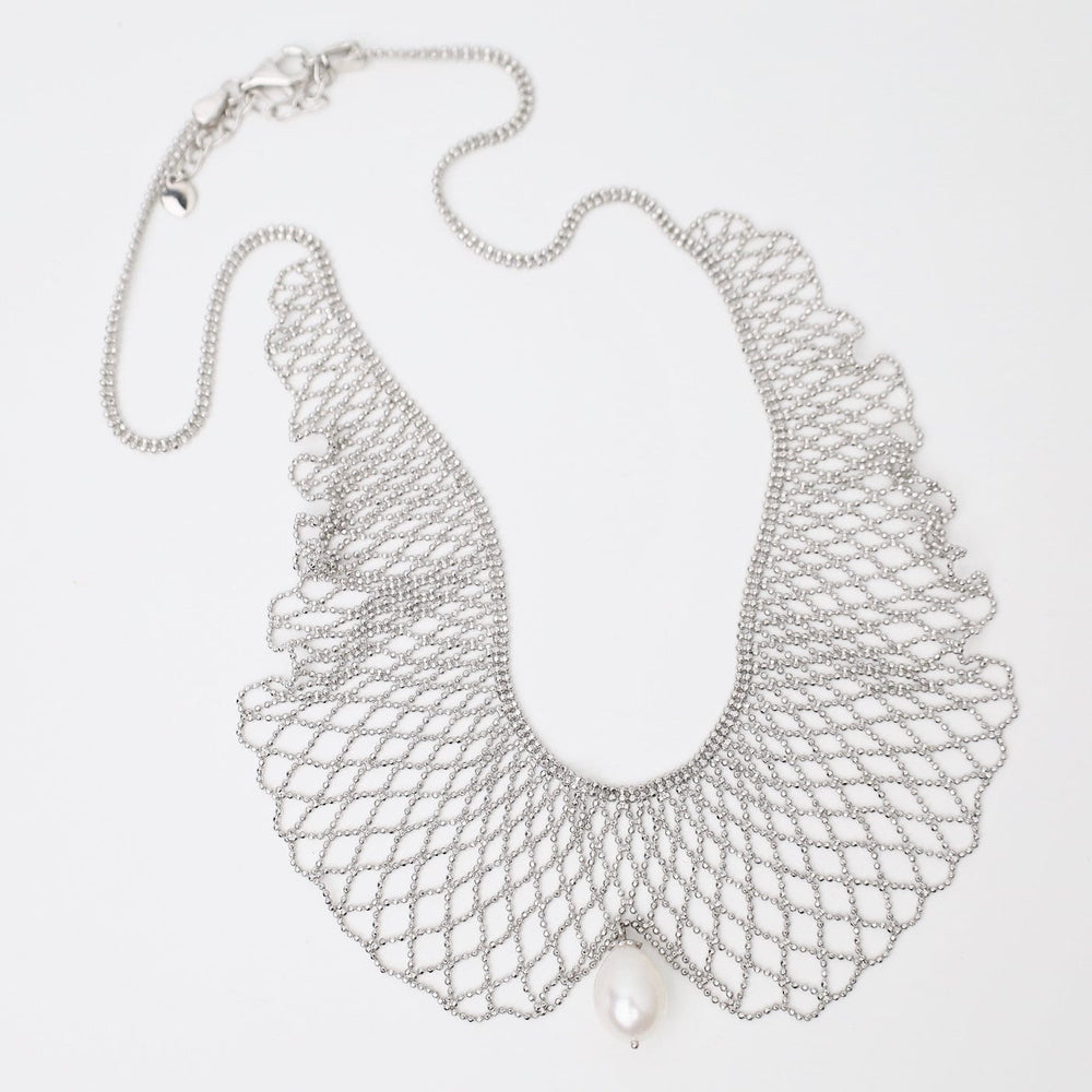 NKL Sterling Draped Lace Collar Necklace with Center Pearl Drop