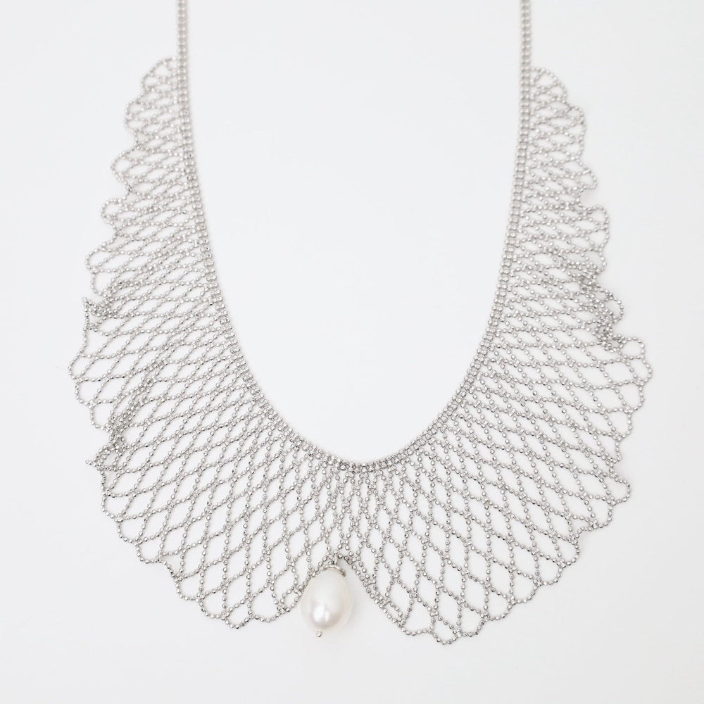 
                  
                    NKL Sterling Draped Lace Collar Necklace with Center Pearl Drop
                  
                