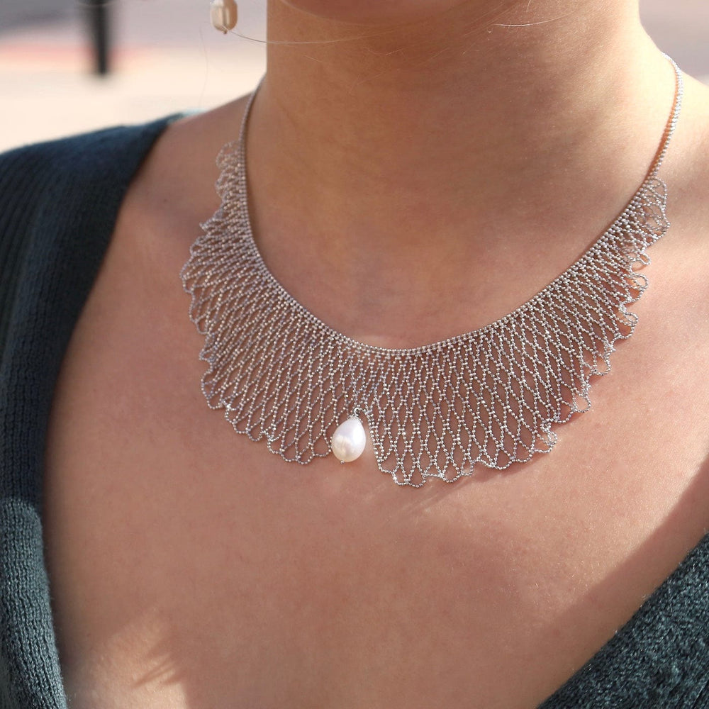 NKL Sterling Draped Lace Collar Necklace with Center Pearl Drop