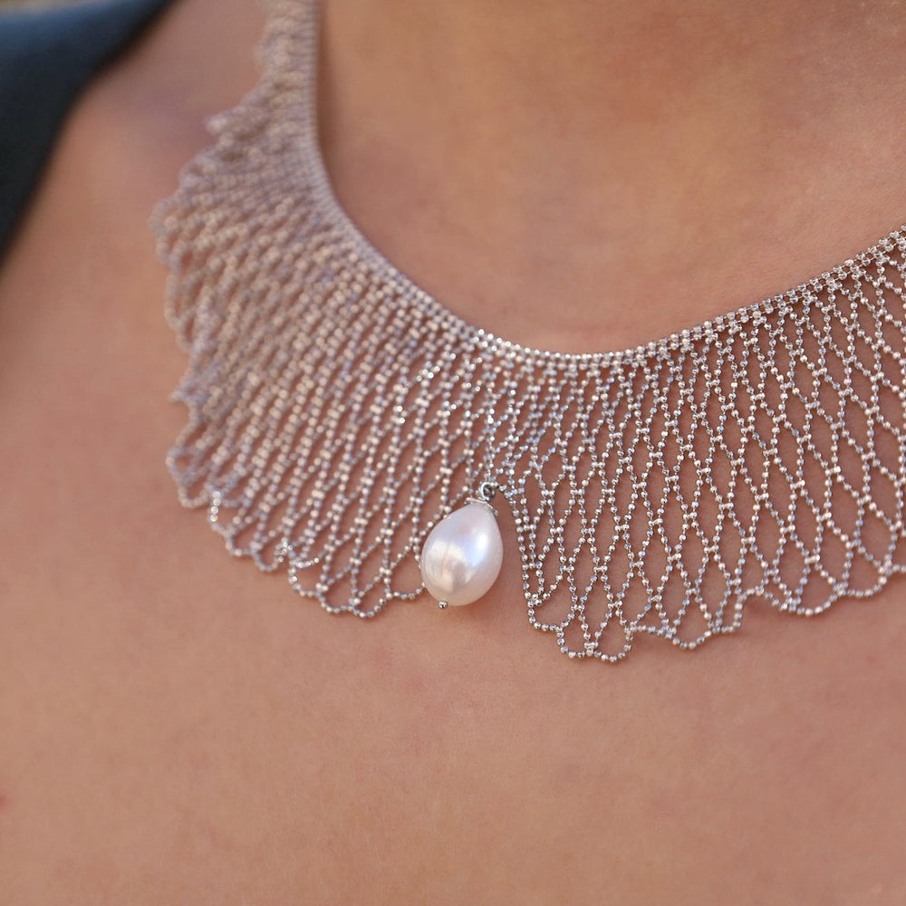 
                  
                    NKL Sterling Draped Lace Collar Necklace with Center Pearl Drop
                  
                