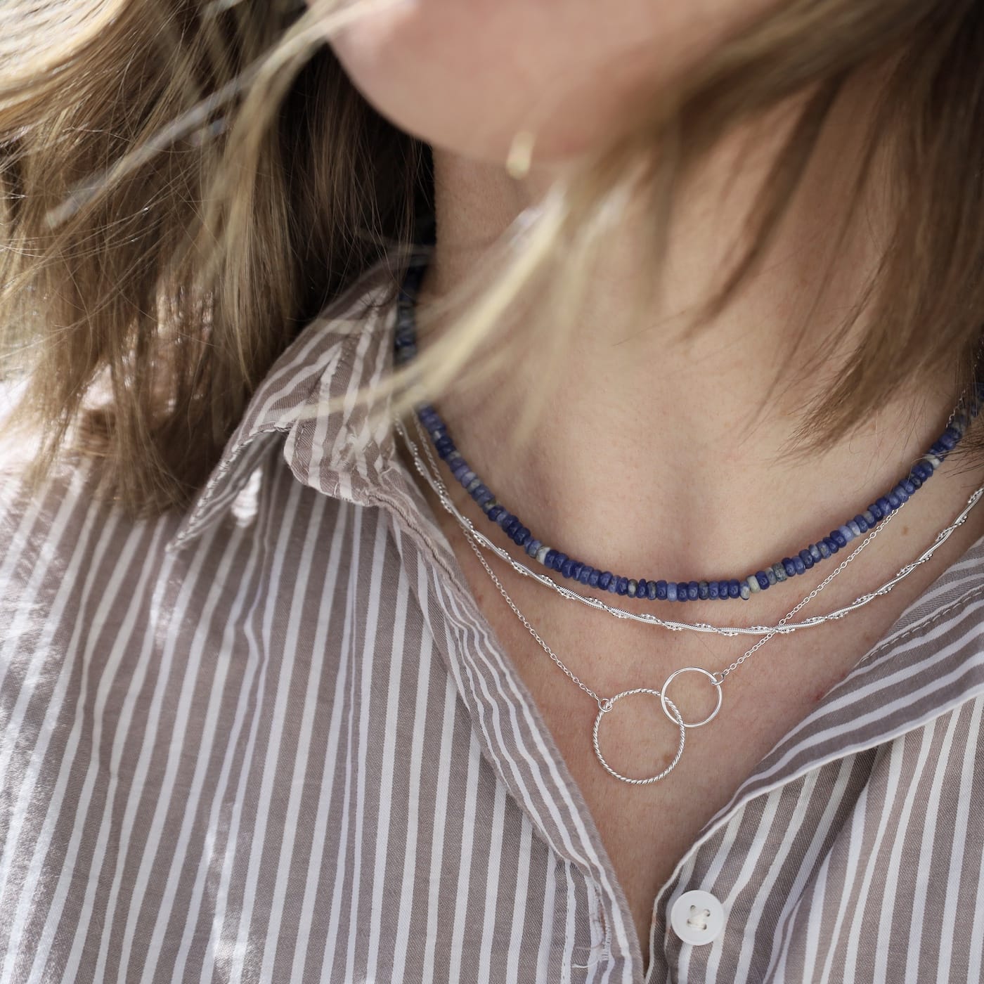 NKL Sterling Silver Connected Rings on Fine Cable Chain Necklace