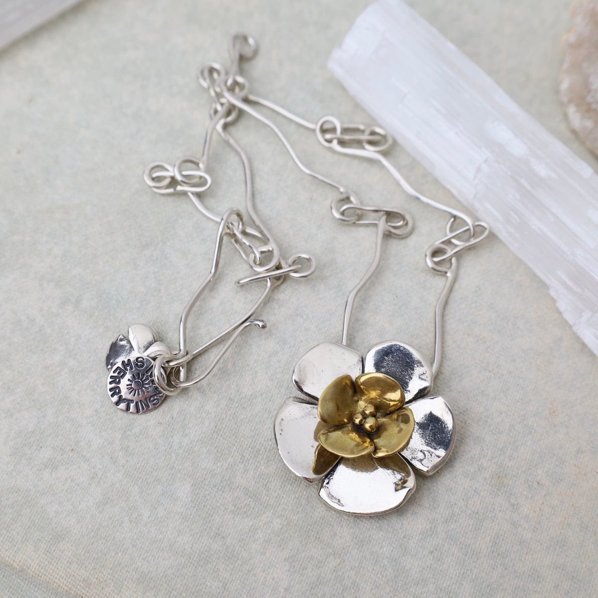 NKL Sterling Silver Double Dogwood Flower Necklace with Brass Center