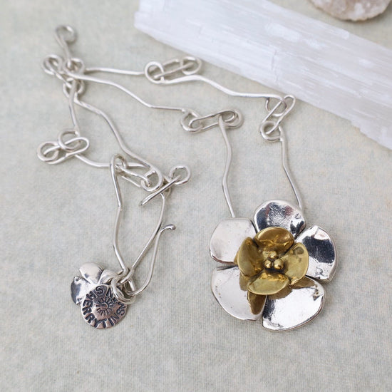 NKL Sterling Silver Double Dogwood Flower Necklace with Brass Center