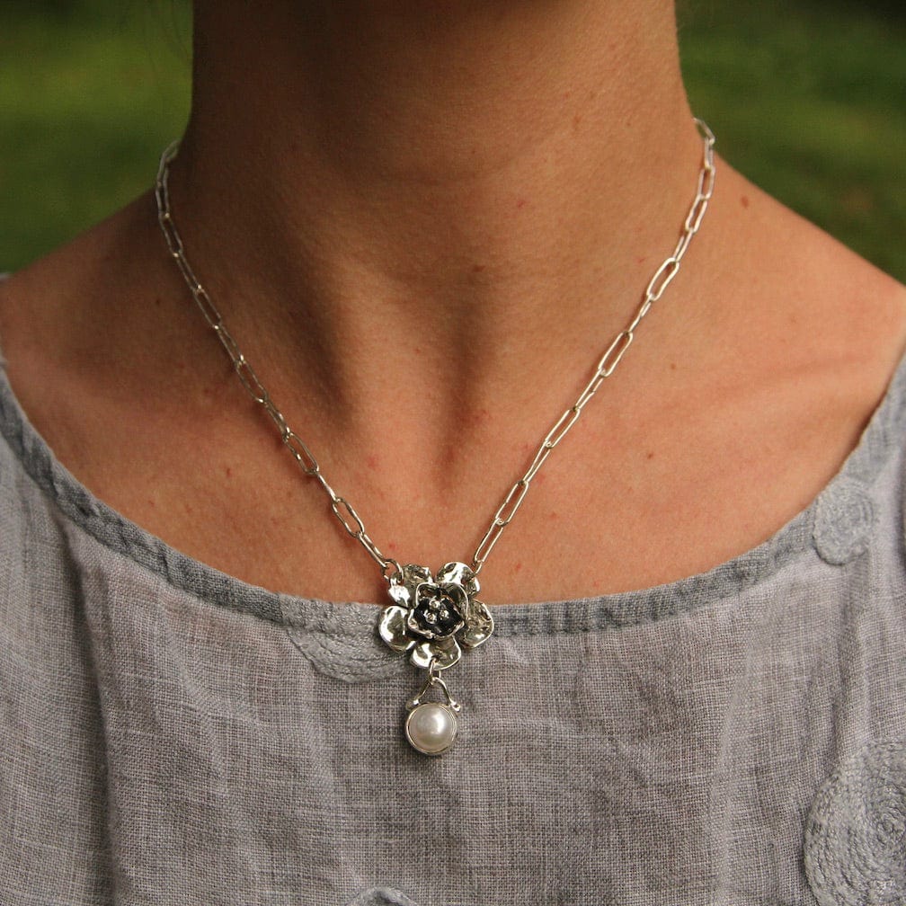 NKL Sterling Silver Double Dogwood Necklace with Pearl Drop