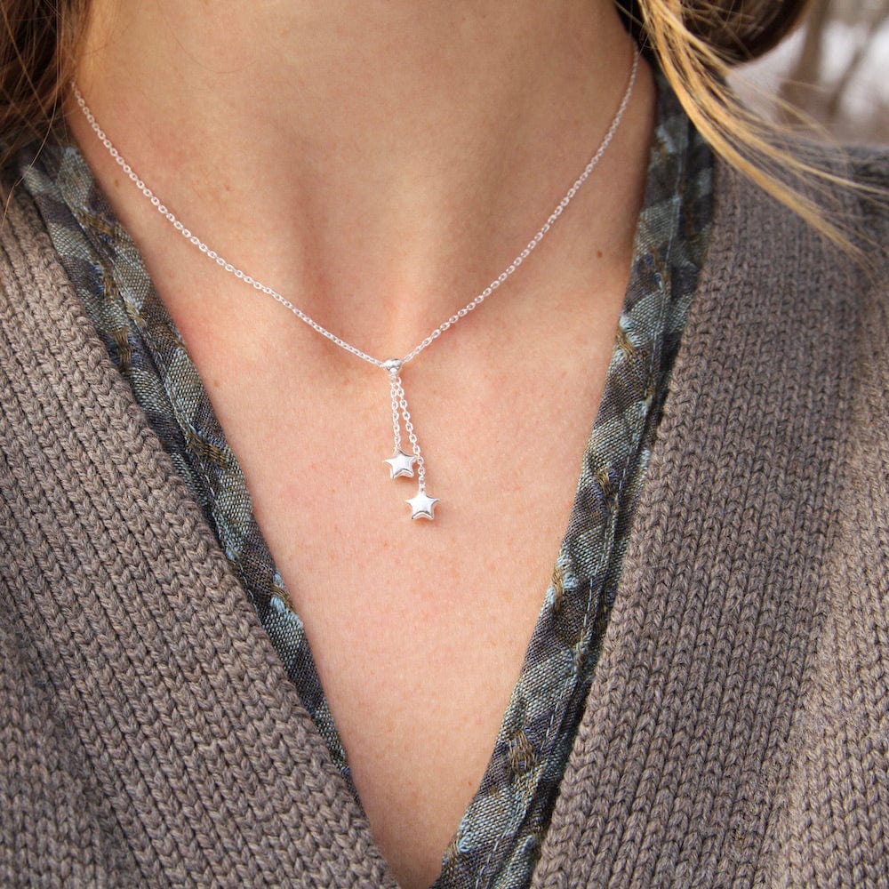 NKL Sterling Silver Double Star Drop Necklace