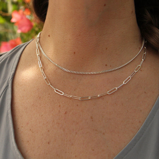 NKL Sterling Silver Double Strand Curb & Paperclip Chain Necklace