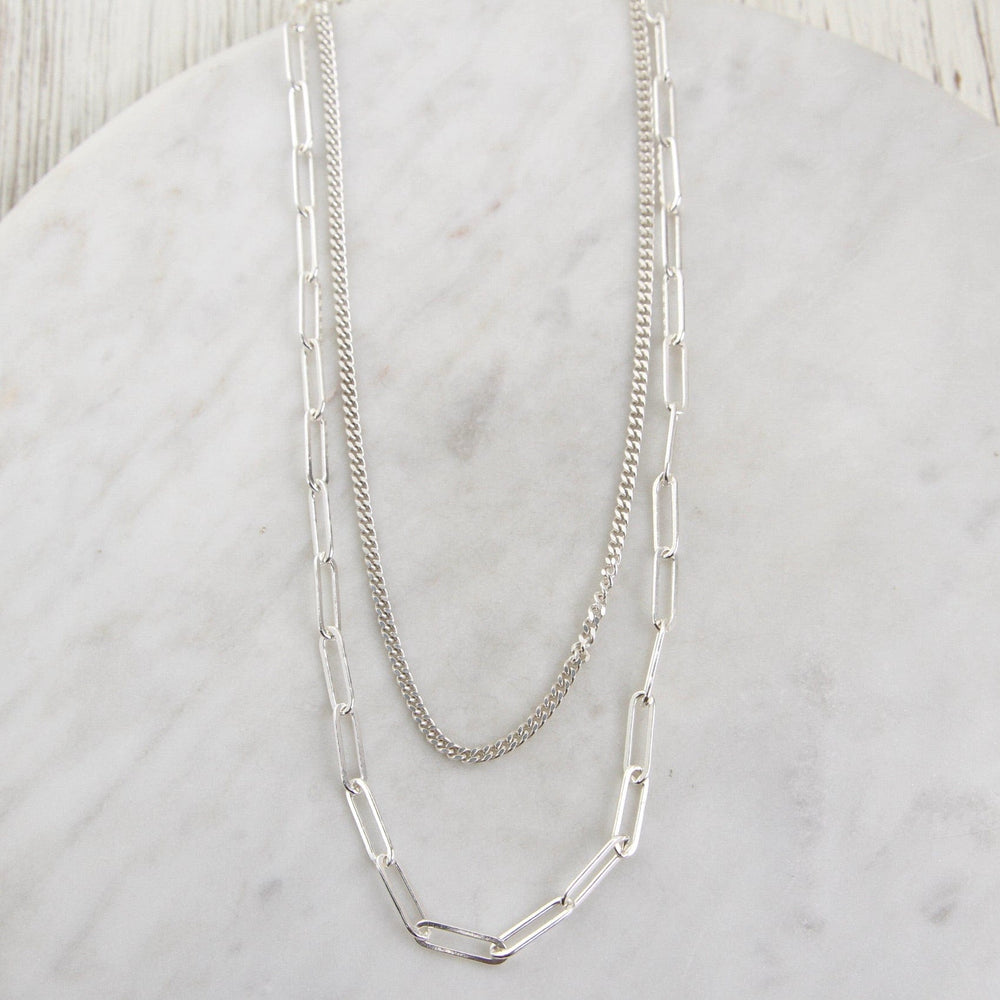 NKL Sterling Silver Double Strand Curb & Paperclip Chain Necklace