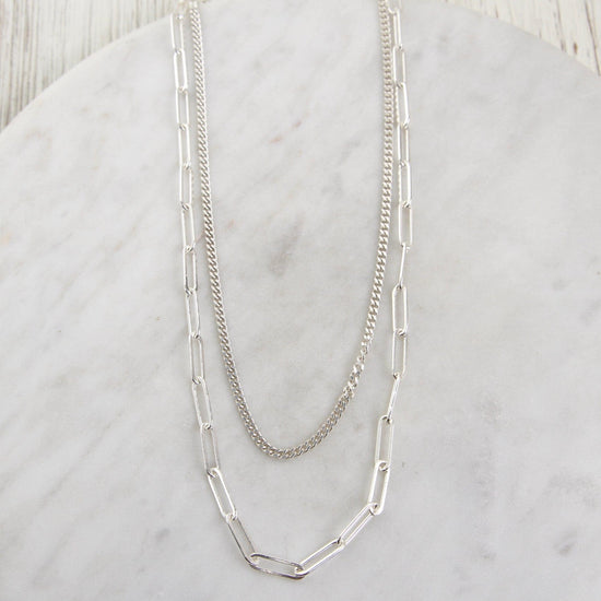 NKL Sterling Silver Double Strand Curb & Paperclip Chain Necklace