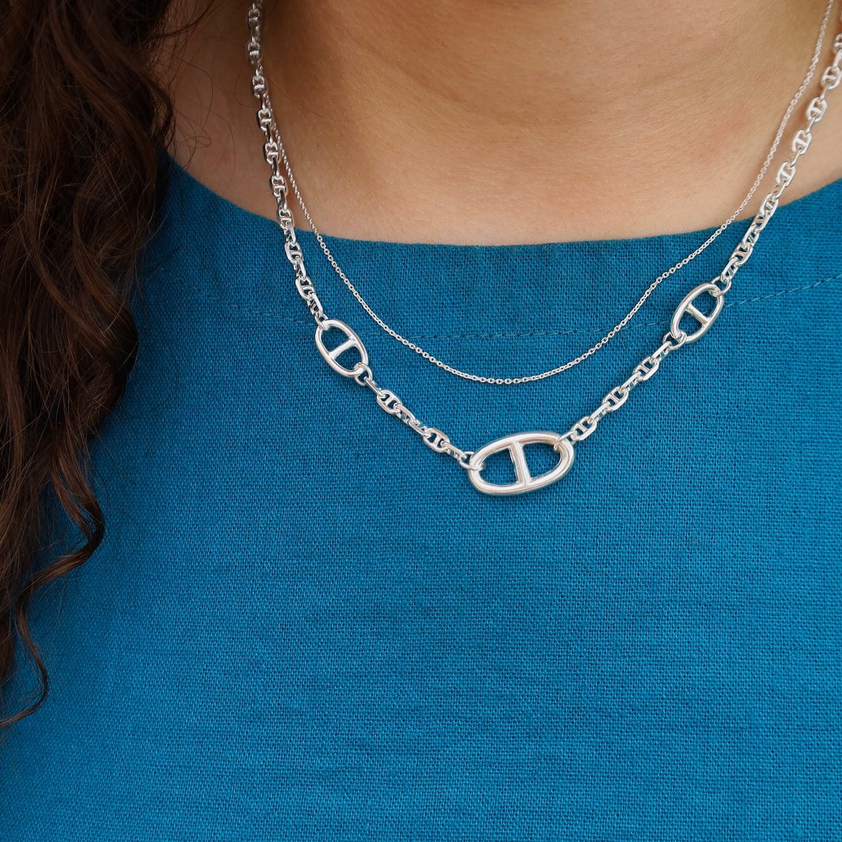 NKL Sterling Silver Fine and Anchor Double Chain Necklace