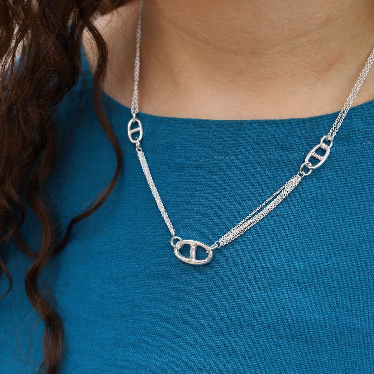 NKL Sterling Silver Multi Fine Chains with Anchor Link Stations Necklace