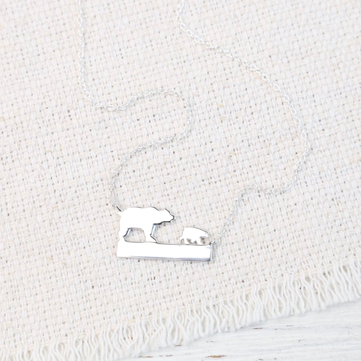 NKL Sterling Silver Solid Mama & Baby Bear Necklace