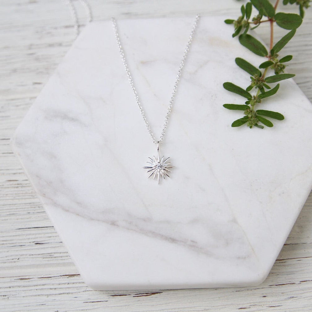 
                  
                    NKL Sterling Silver Sunburst with Center CZ Necklace
                  
                