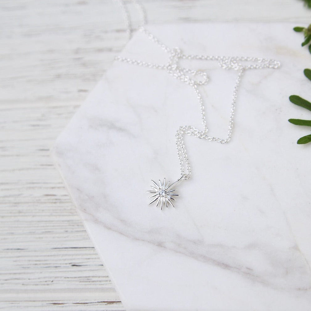 NKL Sterling Silver Sunburst with Center CZ Necklace