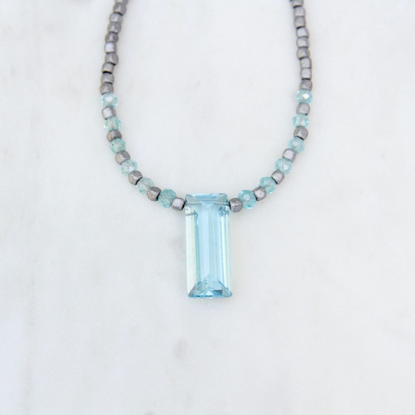 NKL Strung Hematite with Blue Topaz Rectangle Necklace