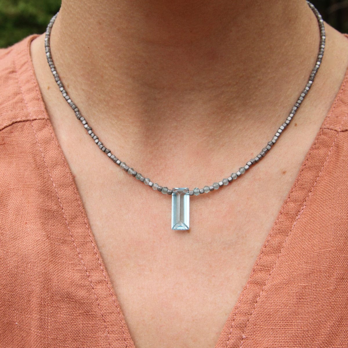 NKL Strung Hematite with Blue Topaz Rectangle Necklace