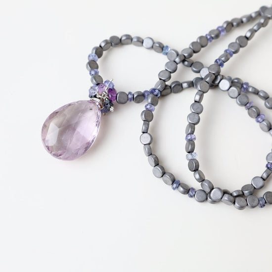 NKL Strung Hematite with Tanzanite and Amethyst Pendant