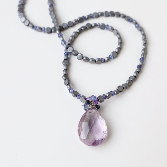 NKL Strung Hematite with Tanzanite and Amethyst Pendant