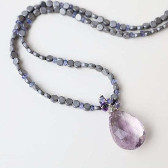 NKL Strung Hematite with Tanzanite and Amethyst Pendant