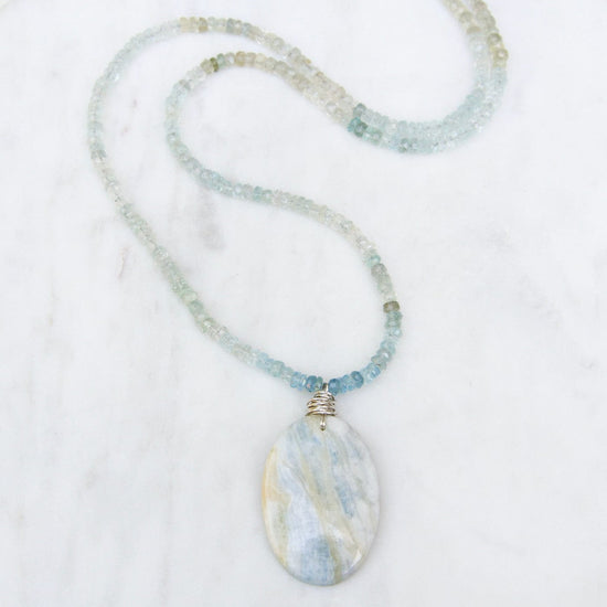NKL Strung Shaded Aquamarine with Argonite Pendant Necklace